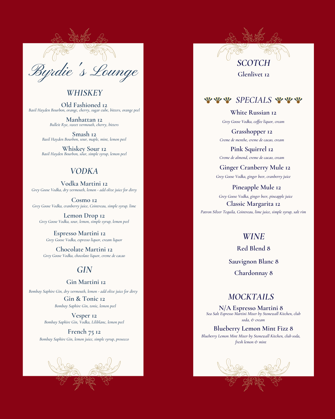 Byrdie's Lounge Menu