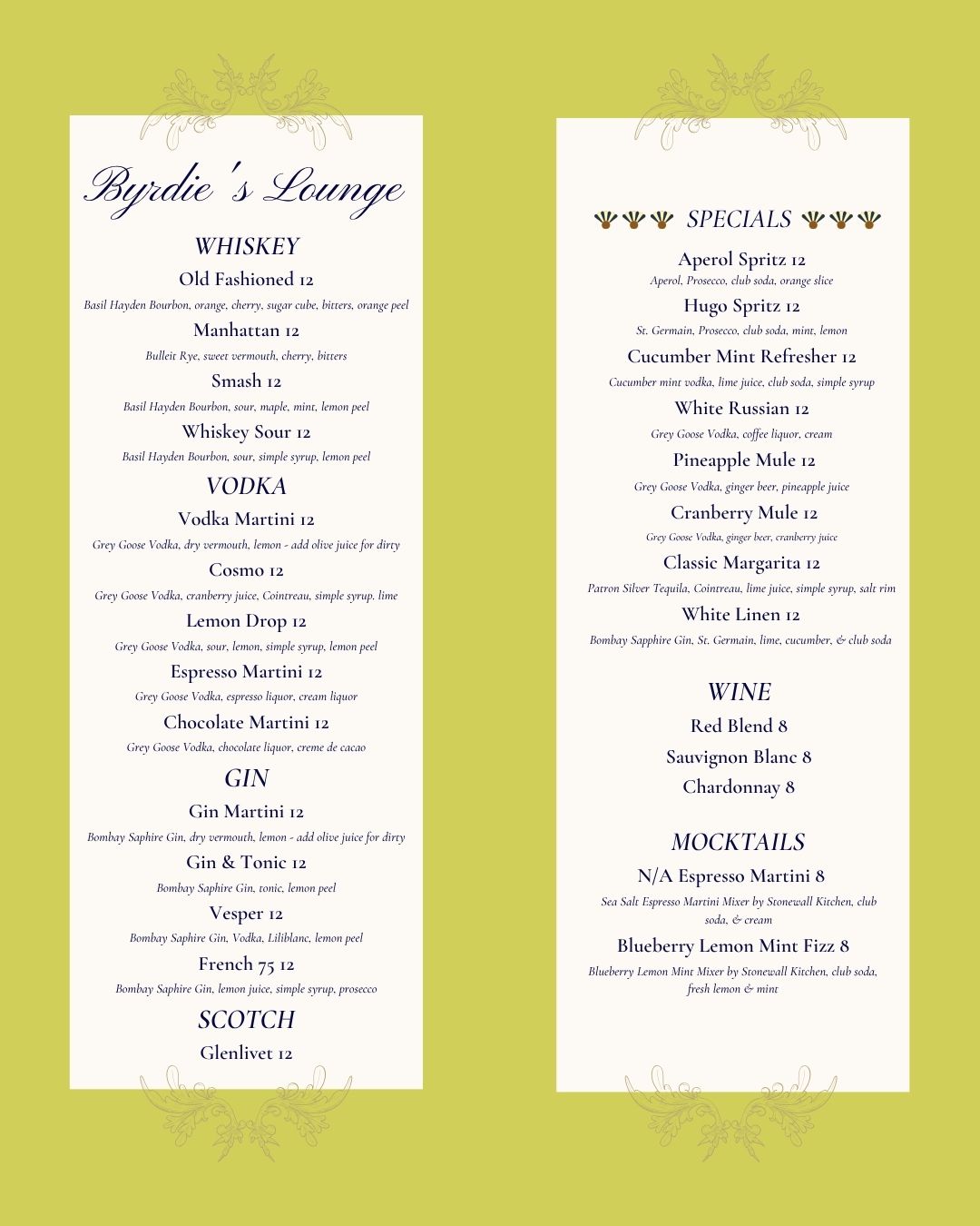 Byrdie's Lounge Menu