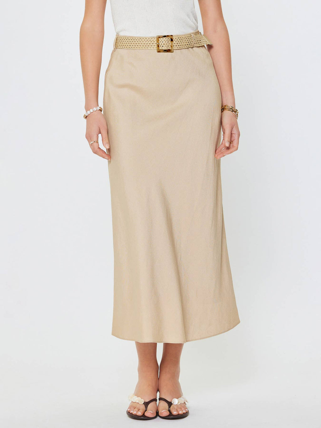Linen Blend Bias Cut Maxi Skirt W/Raffia Belt