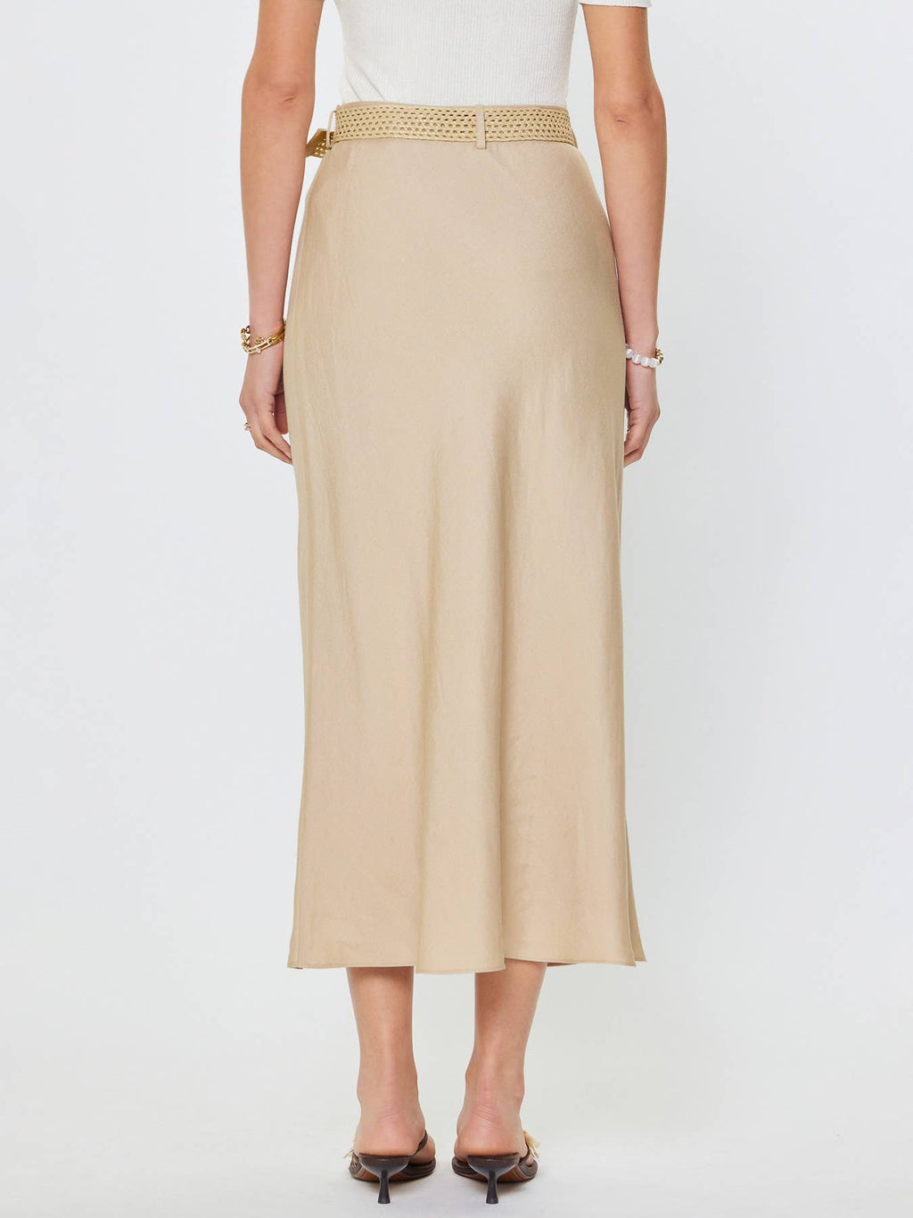 Linen Blend Bias Cut Maxi Skirt W/Raffia Belt