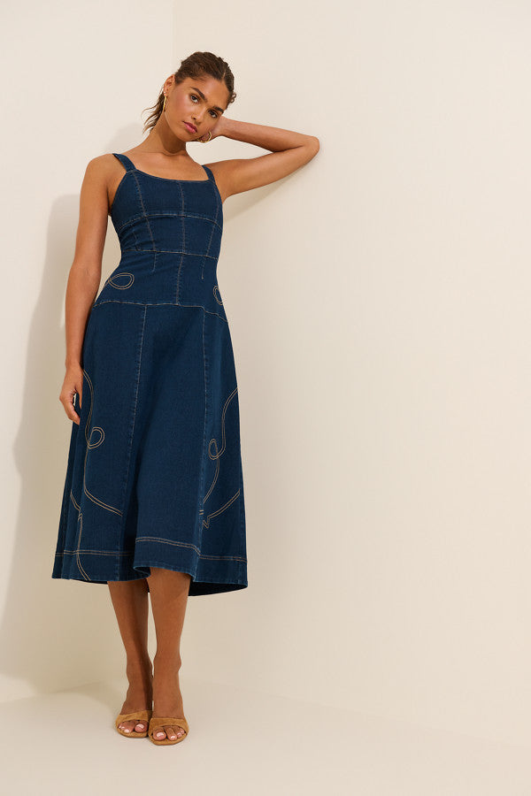 WESTERN EMBROIDERED DENIM MIDI DRESS