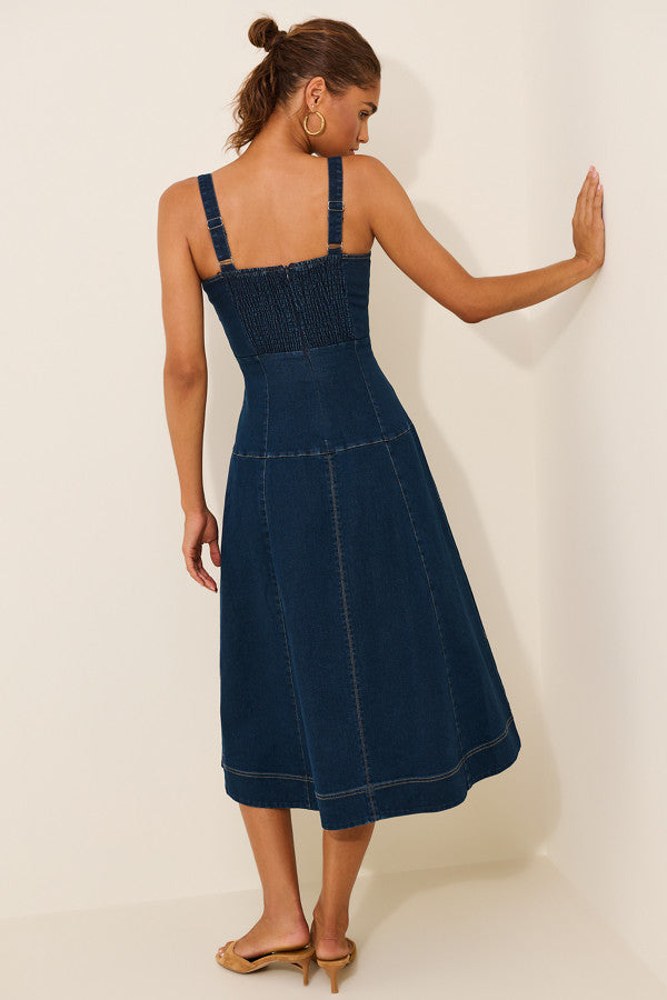 WESTERN EMBROIDERED DENIM MIDI DRESS
