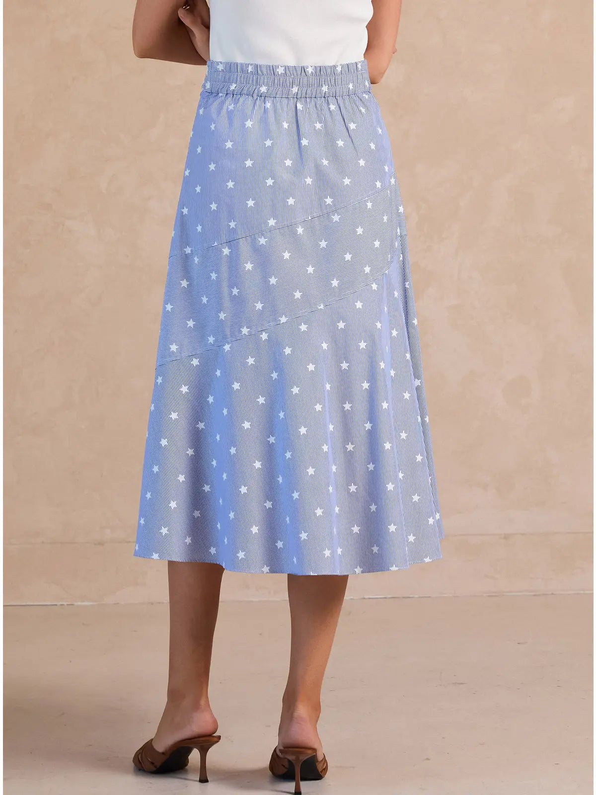 Stripe Star Print Belted A-Line Midi Skirt