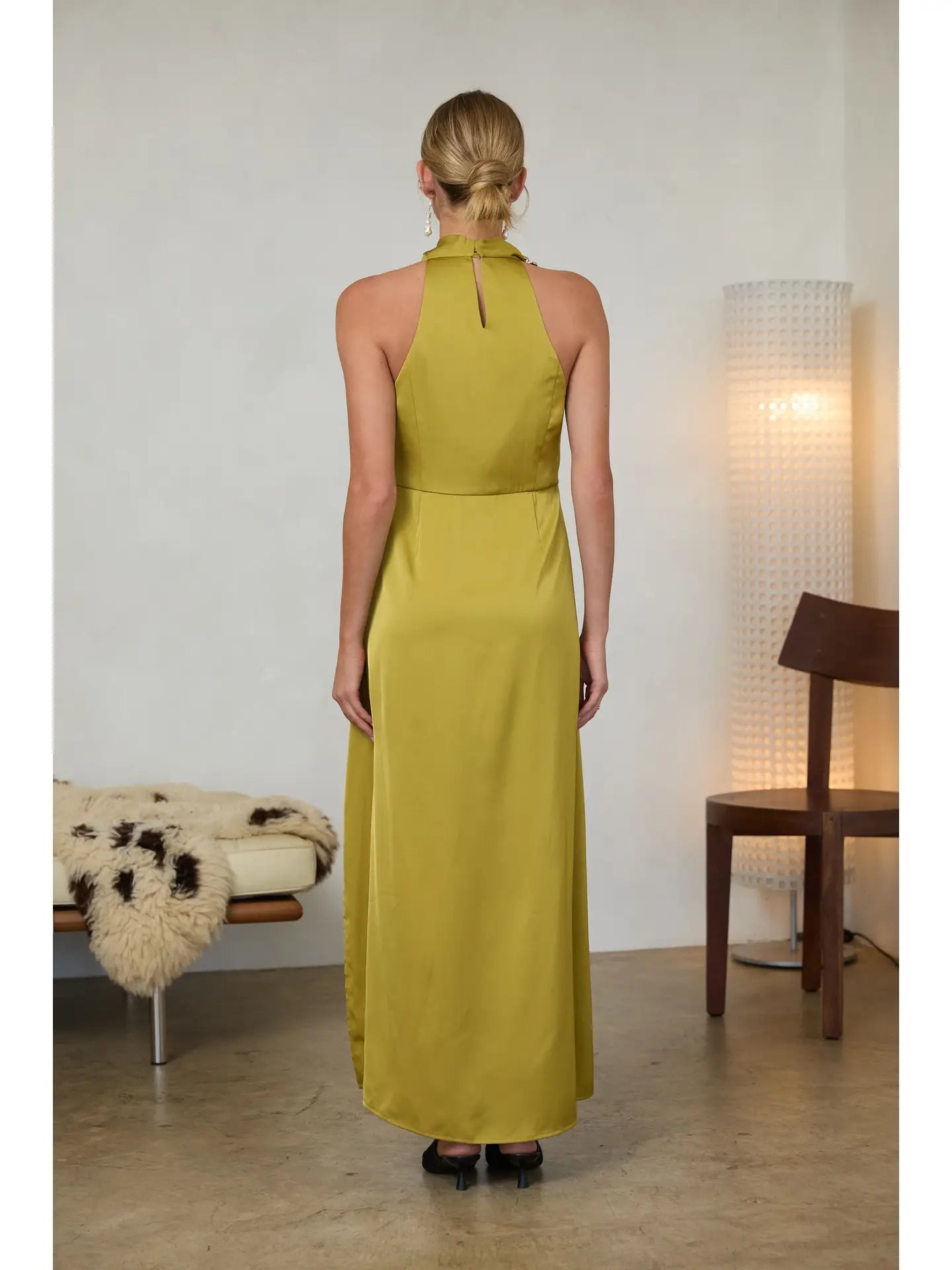 Sleeveless Satin Halter Dress with Hardware Detail