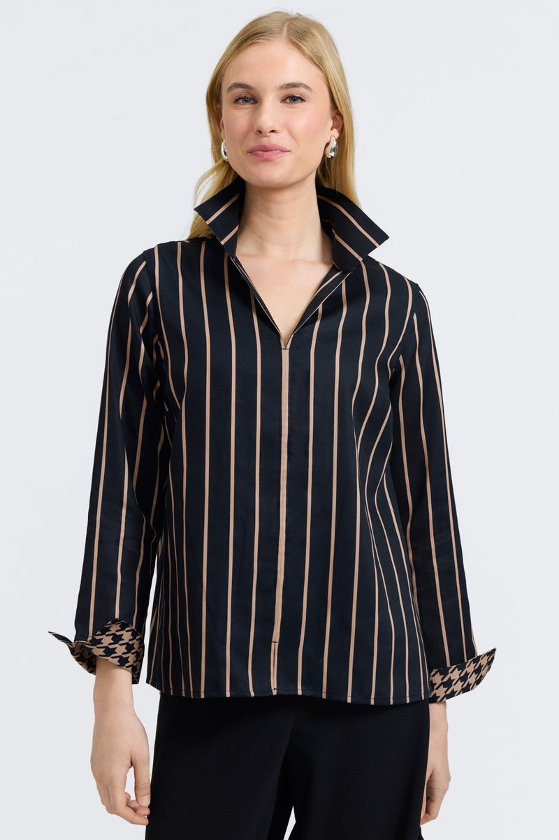 Agnes Stripe & Houndstooth Long Sleeve Popover Shirt