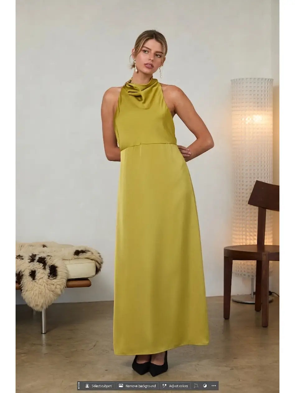 Sleeveless Satin Halter Dress with Hardware Detail