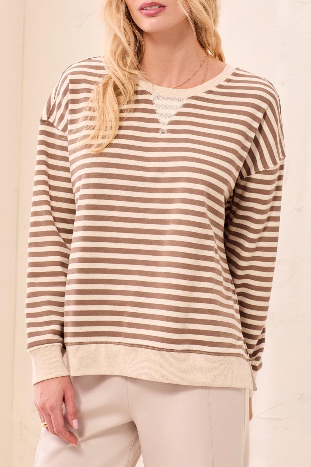 Striped French Terry Crew Neck Top With Combo Trim