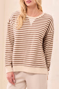 Striped French Terry Crew Neck Top With Combo Trim