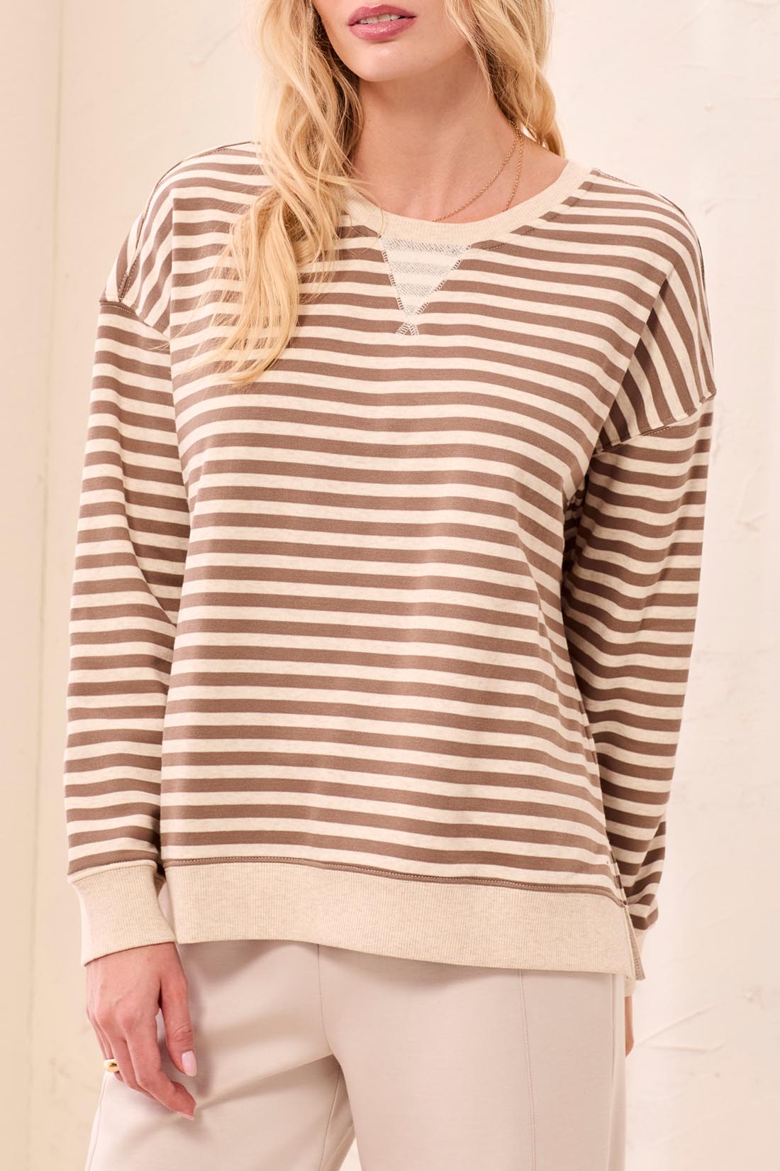 Striped French Terry Crew Neck Top With Combo Trim
