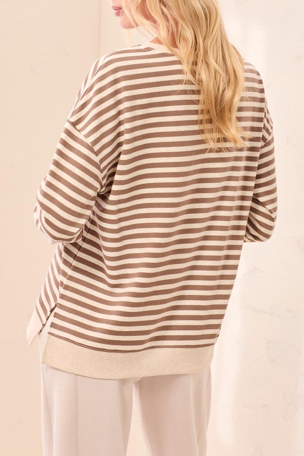 Striped French Terry Crew Neck Top With Combo Trim