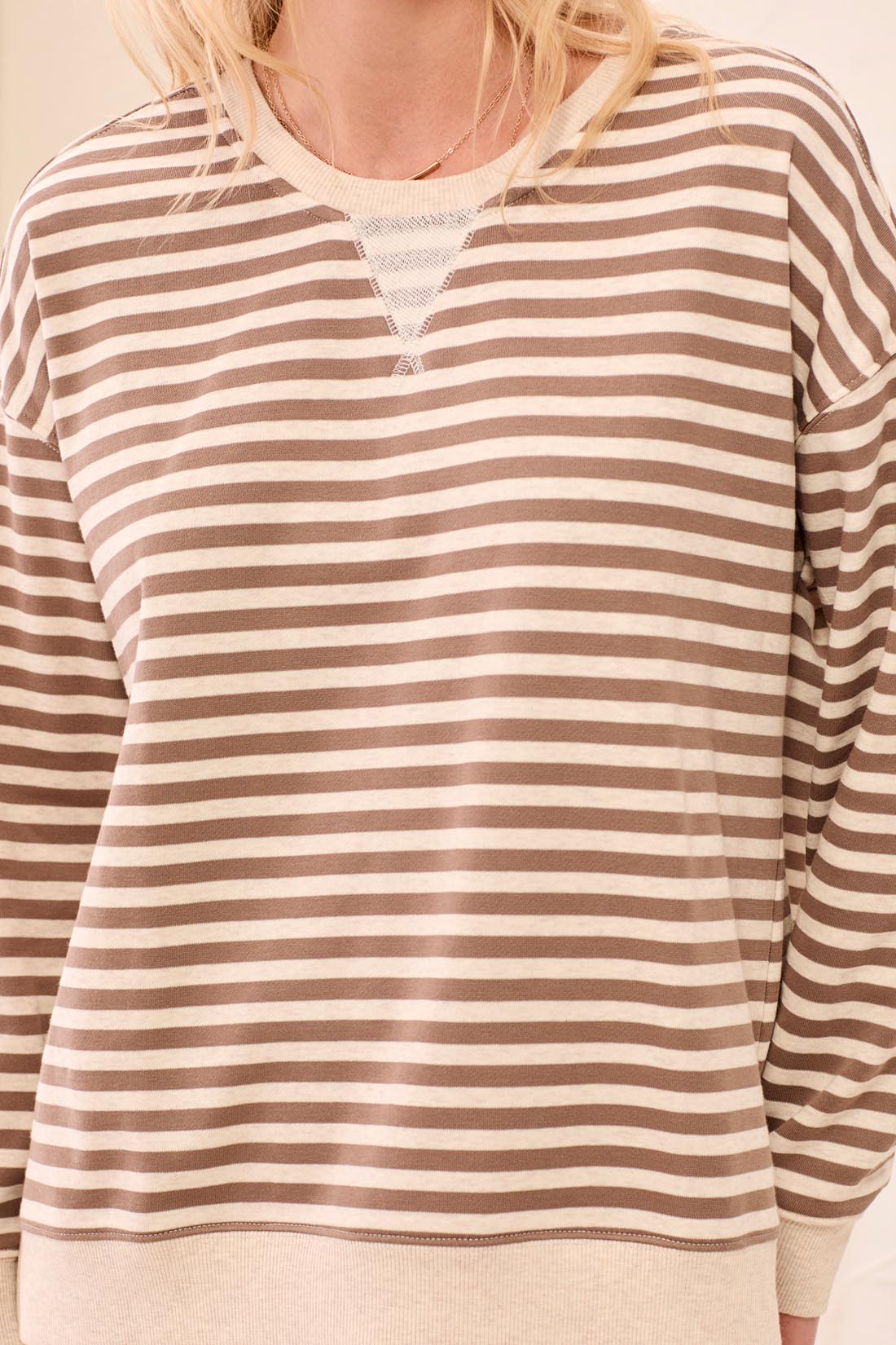 Striped French Terry Crew Neck Top With Combo Trim