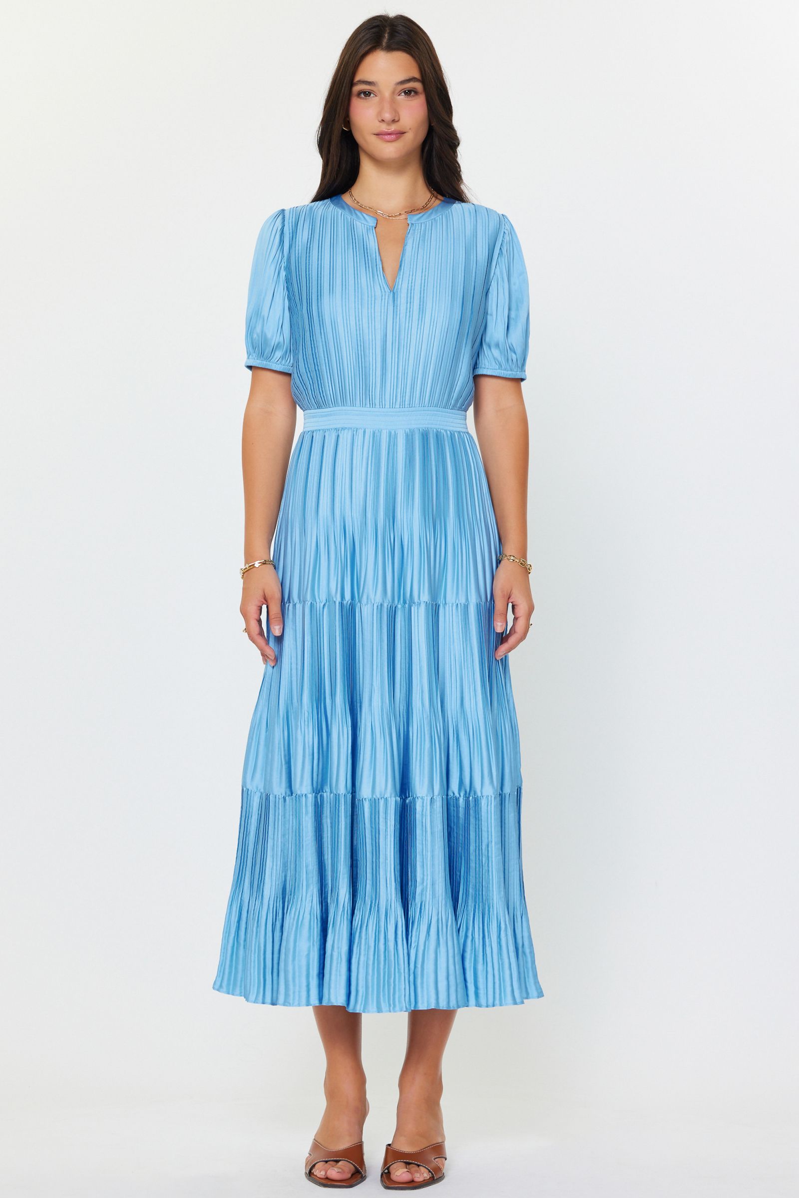 Round Split Neck Elastic Waisted Midi Dress with Pleated Skirt