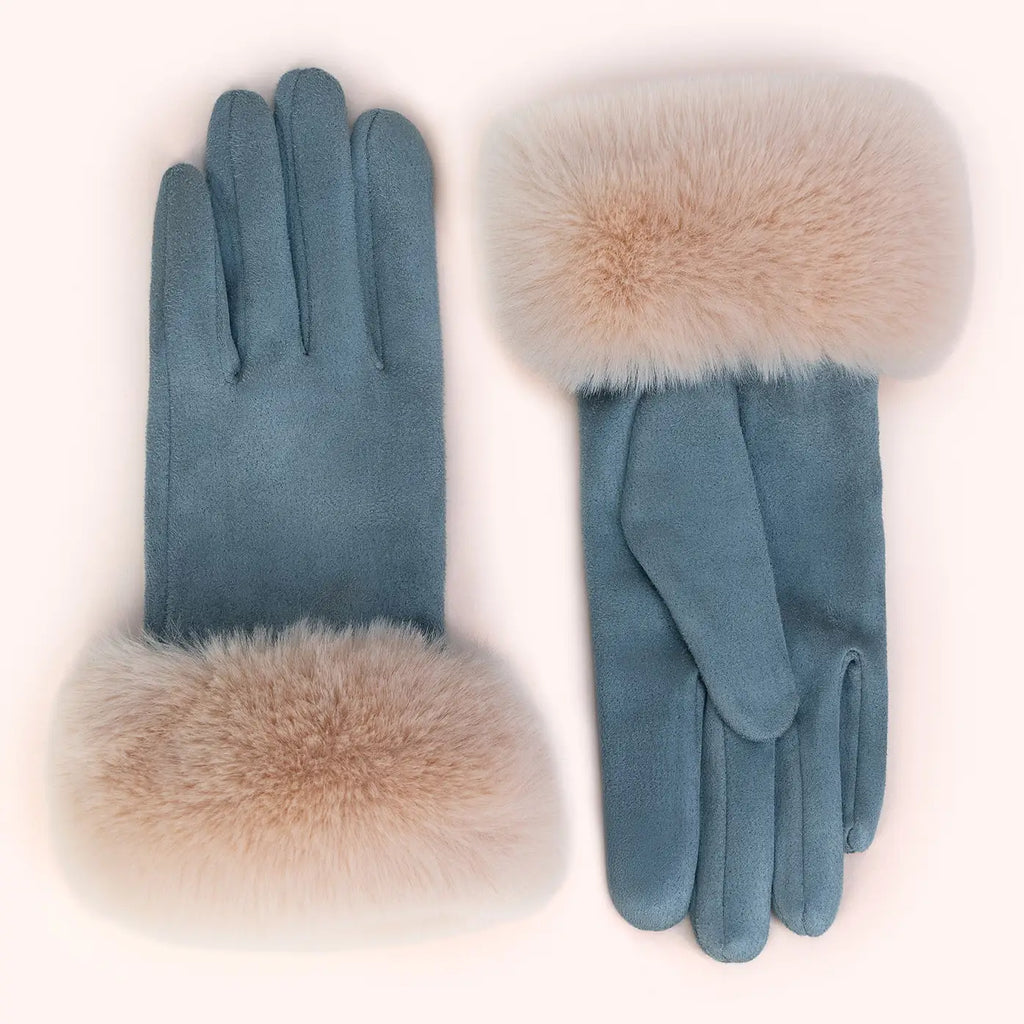 Bettina Faux Suede/Fur Gloves in Denim