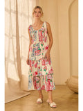 Sleeveless Printed Tiered Midi Dress with Shoulder Tie