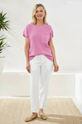Dolman Short Sleeve Ribbed Knit Top With Pocket