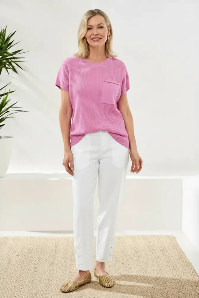 Dolman Short Sleeve Ribbed Knit Top With Pocket