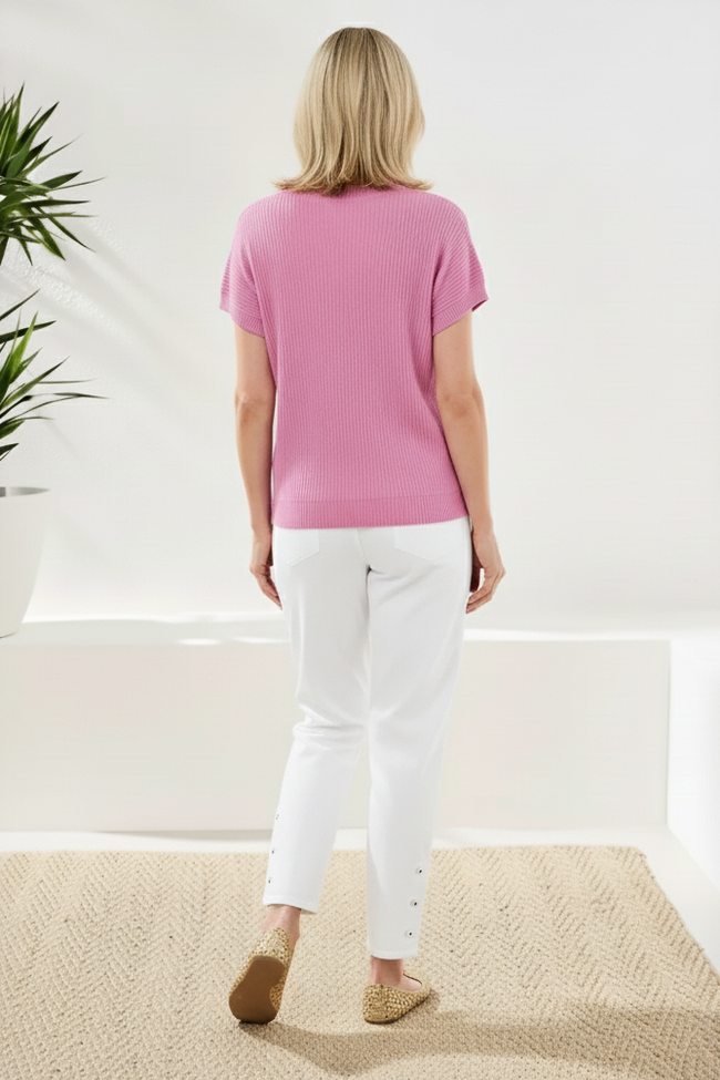 Dolman Short Sleeve Ribbed Knit Top With Pocket
