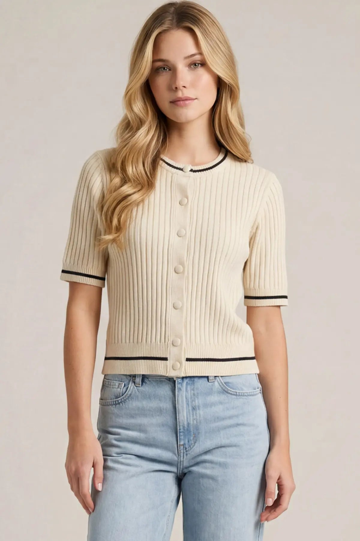 SHORT SLEEVE CONTRAST EDGE BUTTON DOWN KNIT SWEATER CARDIGAN TOP