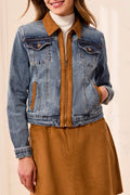 Zip Front Denim Jacket with Suede Trim