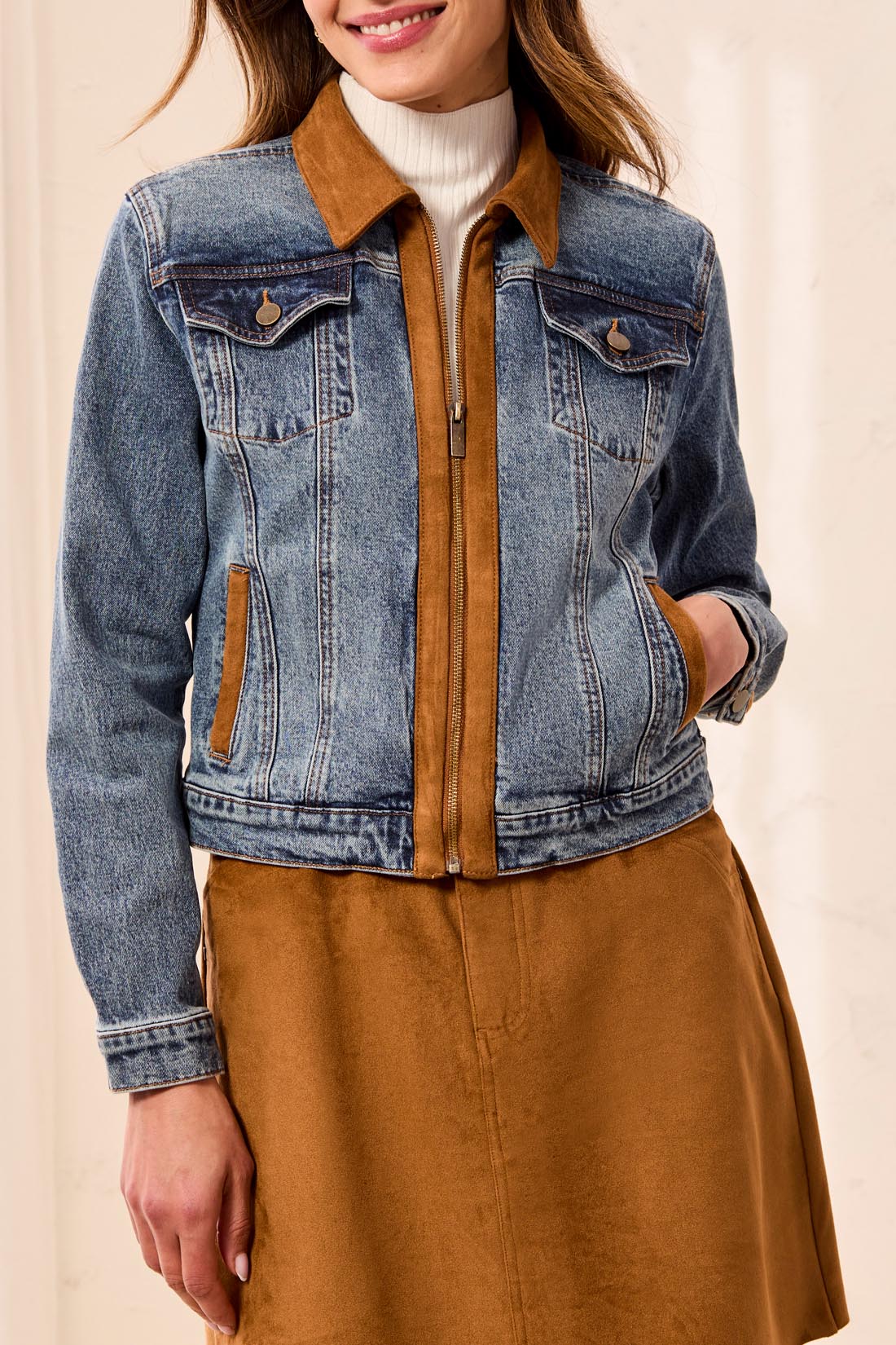 Zip Front Denim Jacket with Suede Trim