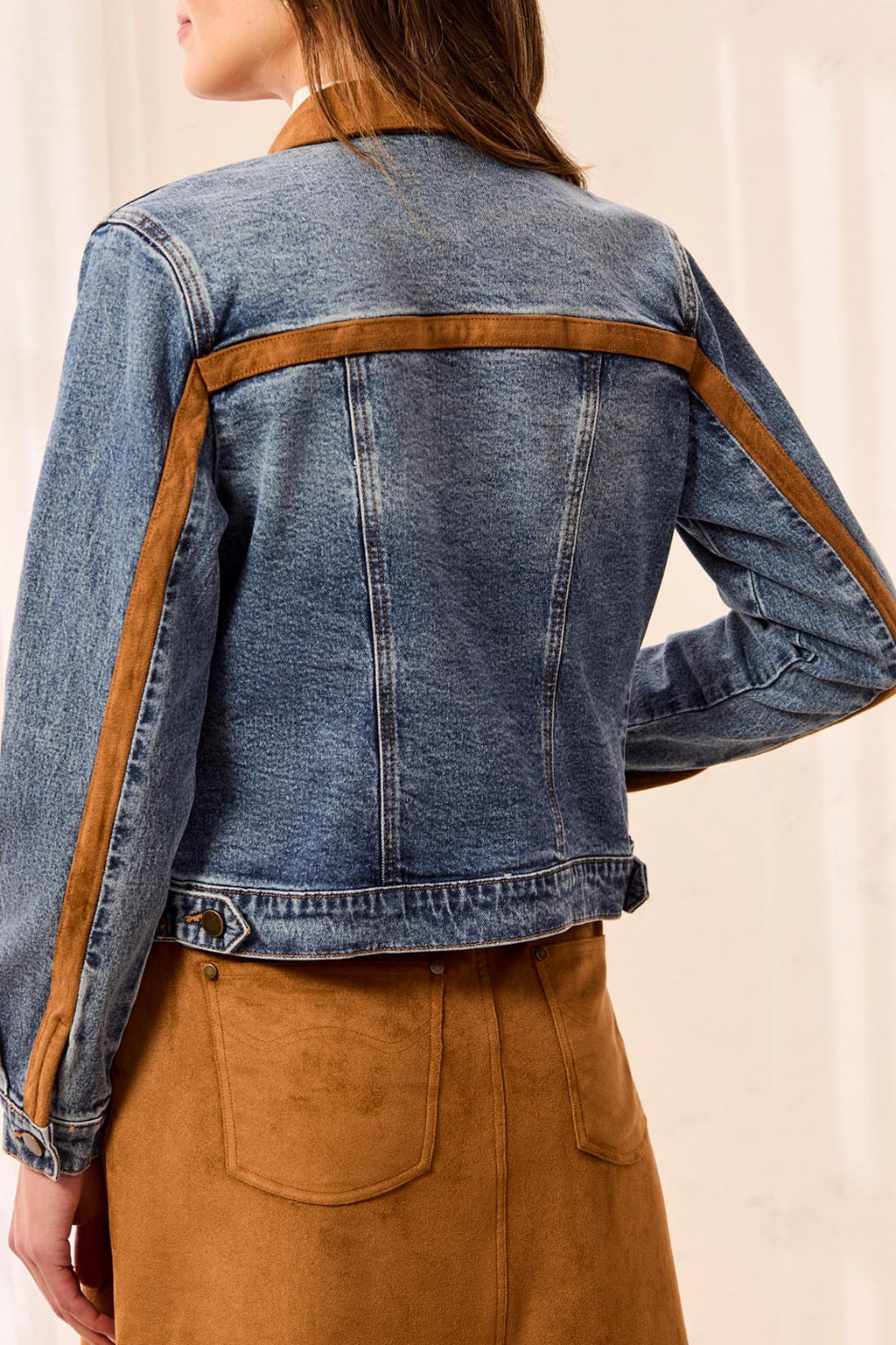 Zip Front Denim Jacket with Suede Trim