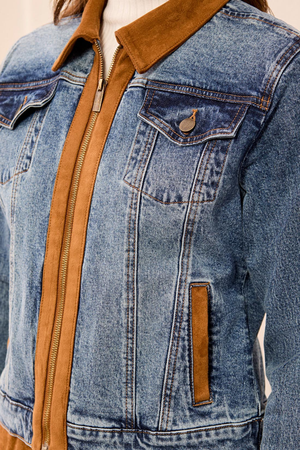 Zip Front Denim Jacket with Suede Trim