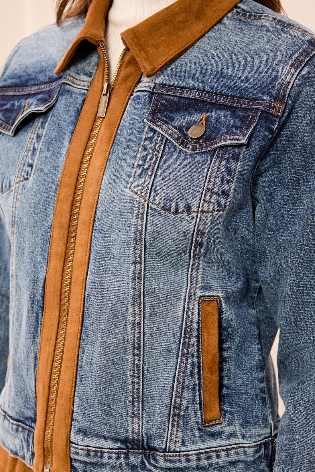 Zip Front Denim Jacket with Suede Trim