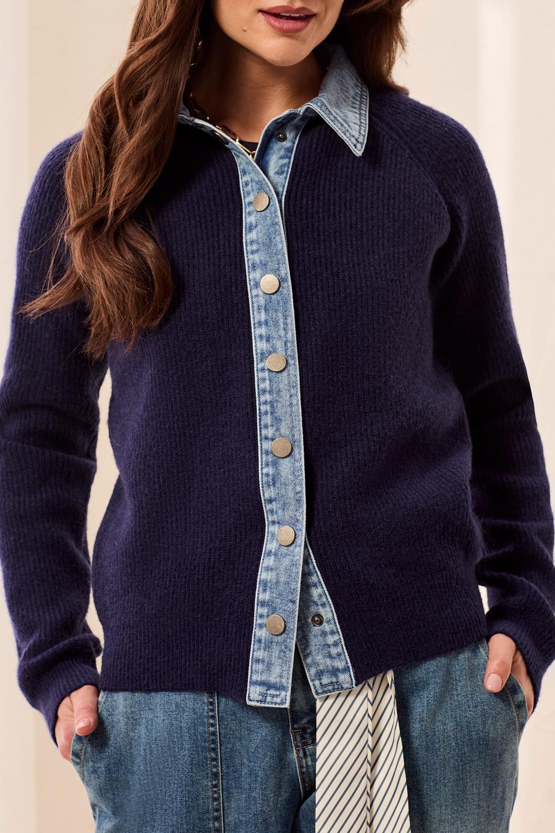 Mixed Media Sweater Jacket with Denim Detail