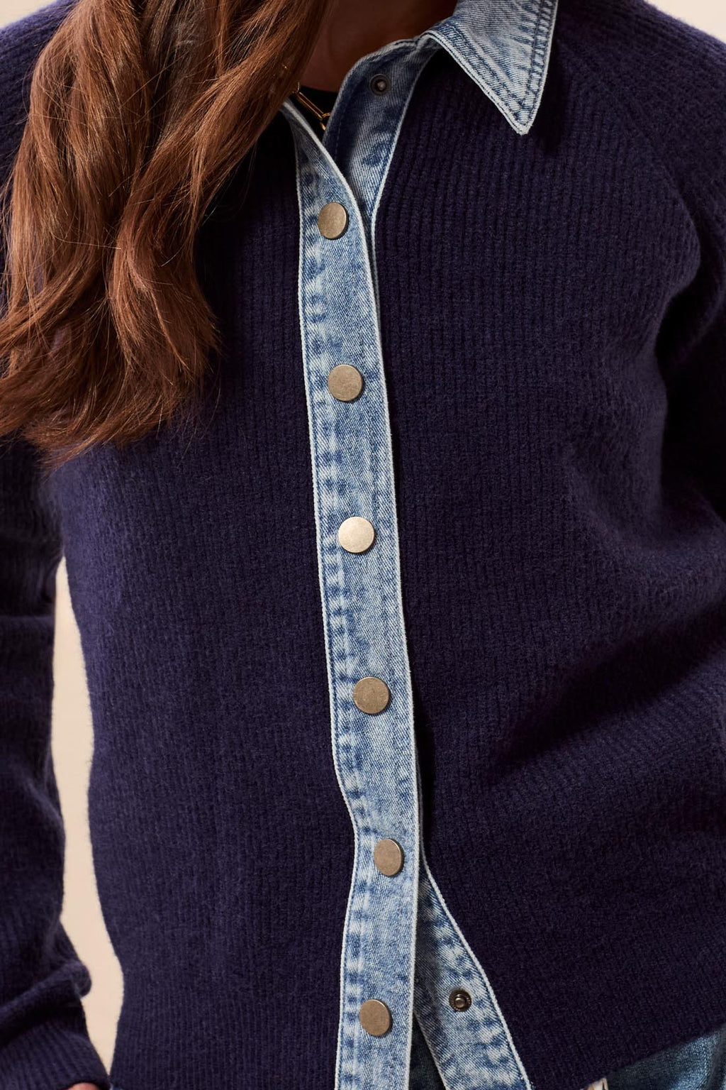 Mixed Media Sweater Jacket with Denim Detail