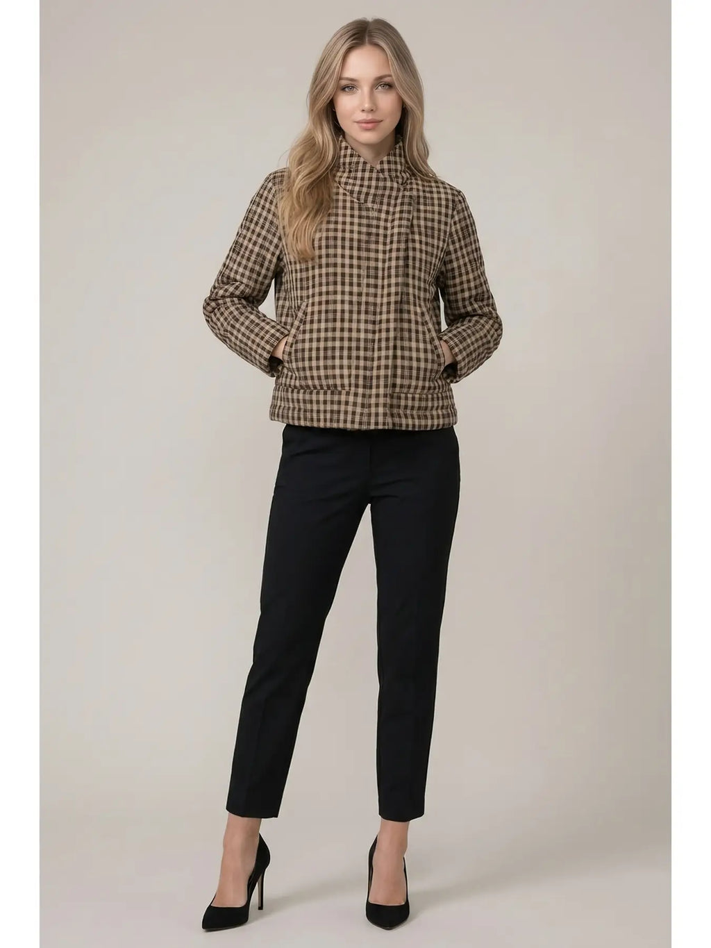 Plaid Padded Asymmetry Jacket w/ Front Zip Up