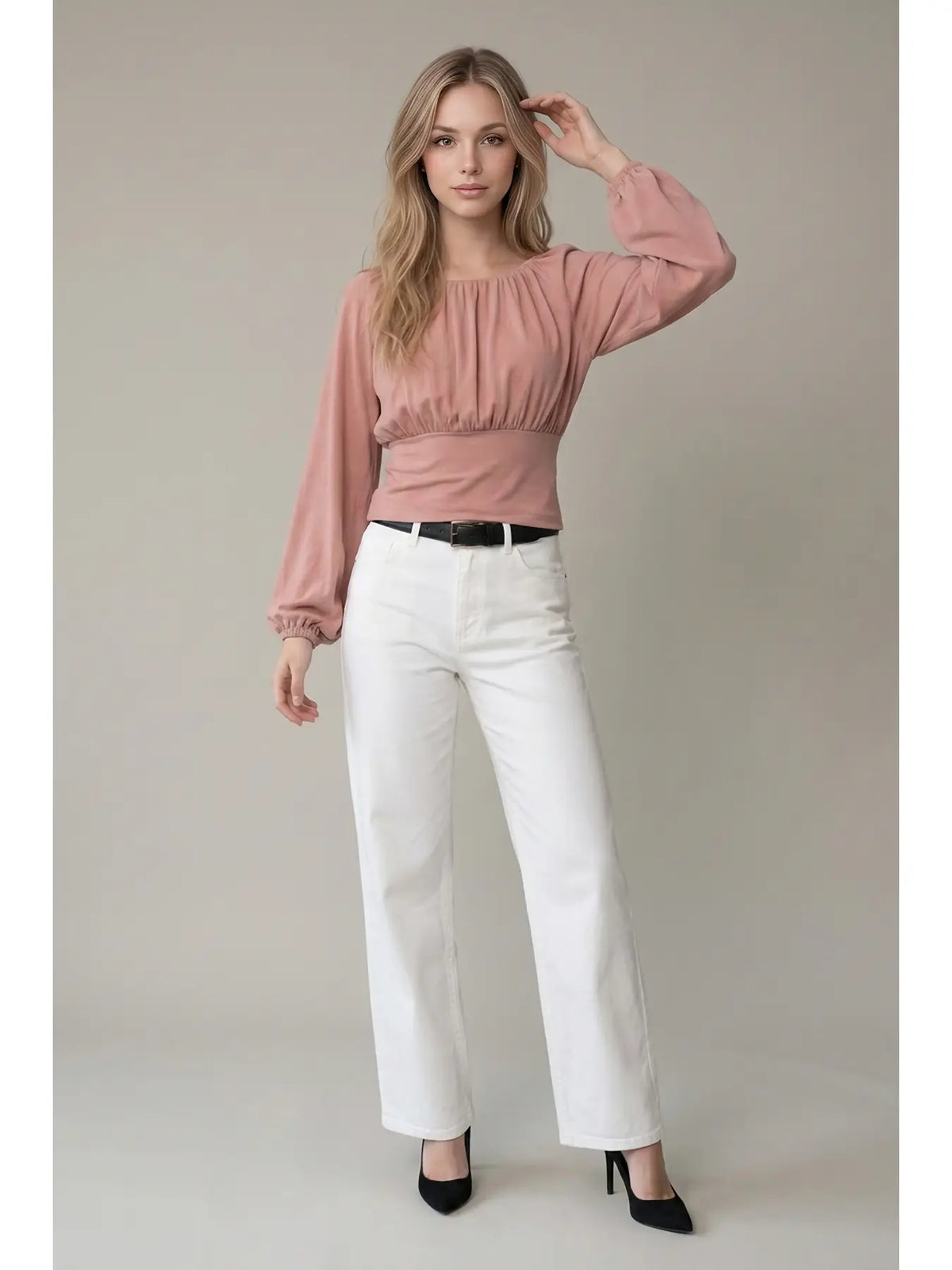 Soft Brushed Knit Flowy Ruched Balloon Sleeve Top