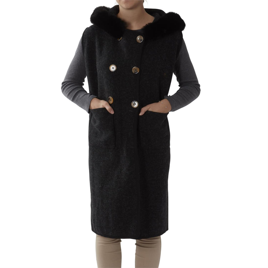 Black Hooded Double Breasted Faux Fur Trimmed Vest