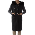 Black Hooded Double Breasted Faux Fur Trimmed Vest