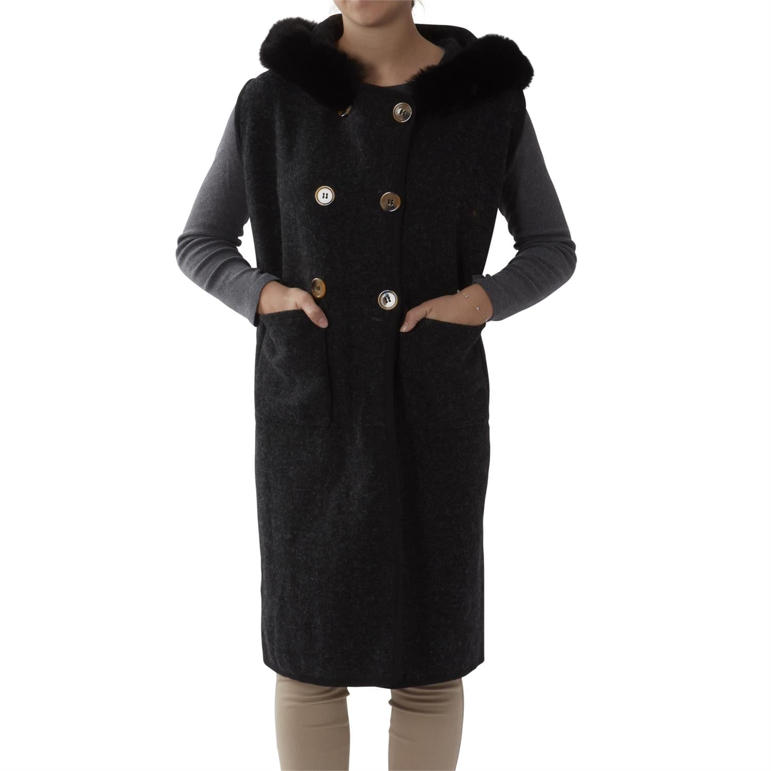 Black Hooded Double Breasted Faux Fur Trimmed Vest