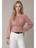 Soft Brushed Knit Flowy Ruched Balloon Sleeve Top