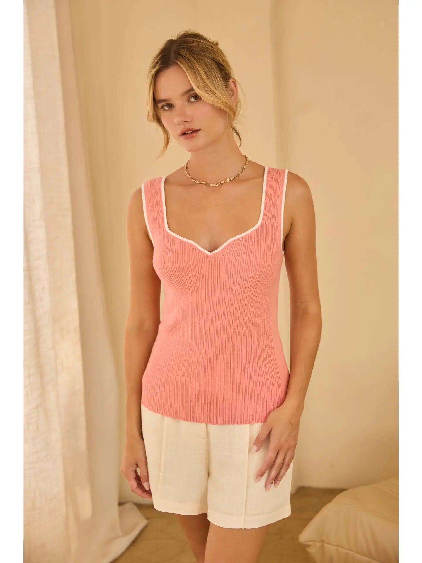 Heart Neck Sweater Tank with Contrast