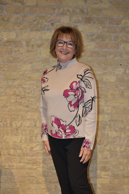 KNIT JACQUARD FUNNEL NECK SWEATER-PINK FLAMBE