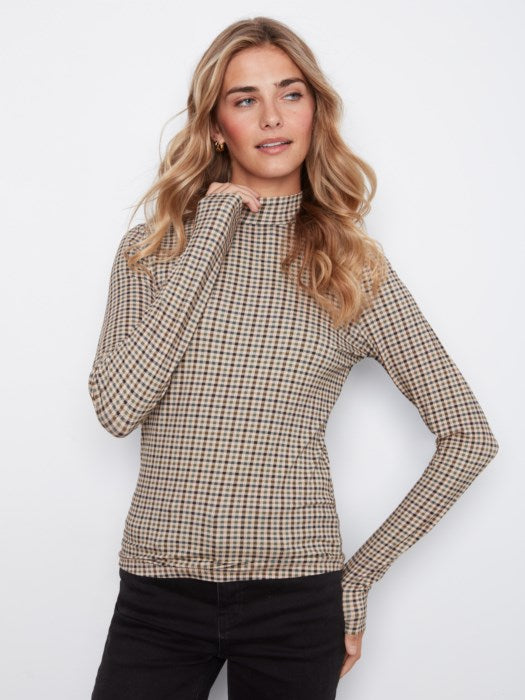 Printed Jersey Long Sleeve Mock Neck Top