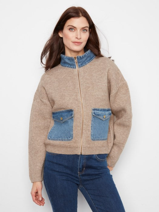 Long Sleeve Zipped Sweater Jacket With Denim Pockets & Collar