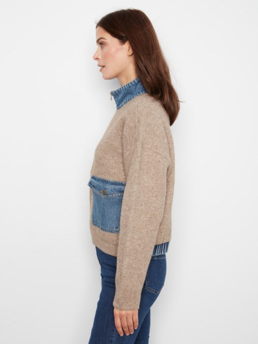Long Sleeve Zipped Sweater Jacket With Denim Pockets & Collar