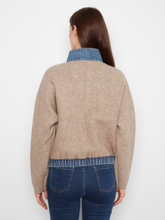 Long Sleeve Zipped Sweater Jacket With Denim Pockets & Collar