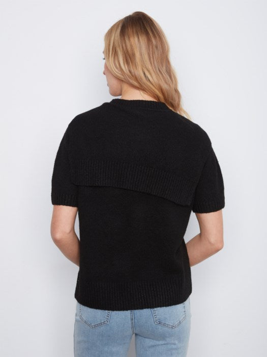 Short Sleeve Crew Neck Sweater With Combined Sleeves Detail