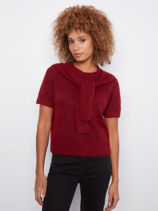 Short Sleeve Crew Neck Sweater With Combined Sleeves Detail
