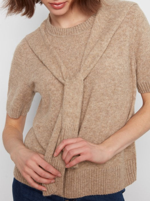 Short Sleeve Crew Neck Sweater With Combined Sleeves Detail