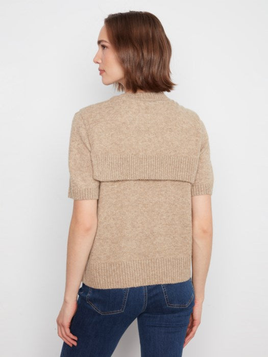 Short Sleeve Crew Neck Sweater With Combined Sleeves Detail