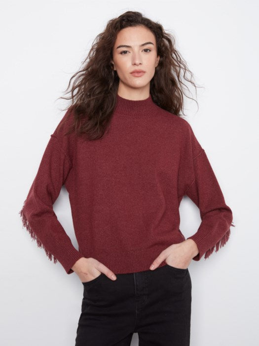 Long Sleeve Drop Shoulder Mock Neck Sweater With Fringes Detail At Back