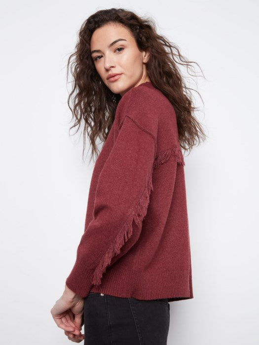 Long Sleeve Drop Shoulder Mock Neck Sweater With Fringes Detail At Back