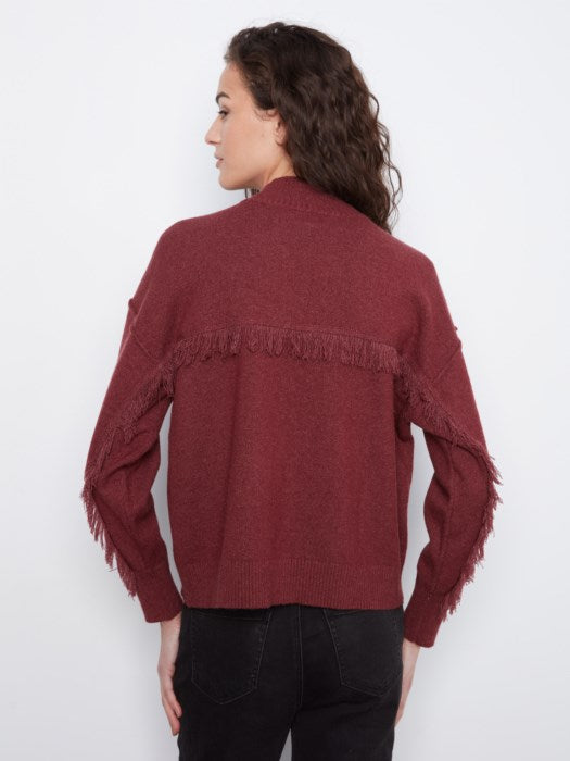 Long Sleeve Drop Shoulder Mock Neck Sweater With Fringes Detail At Back