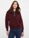 Long Sleeve Drop Shoulder Polo Sweater With Denim Shirt Collar And Placket