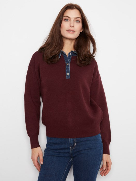 Long Sleeve Drop Shoulder Polo Sweater With Denim Shirt Collar And Placket